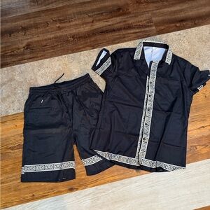 Black and White Patterned Shirt and Shorts Set